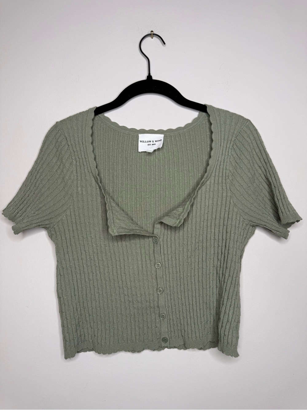 green Willow & Wind button-front ribbed crop top.